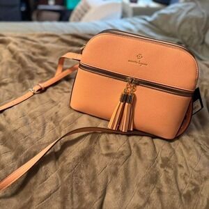 Nanette Lepore Peach Pebble Faux Leather Tassel Crossbody Bag Triple Zip Purse